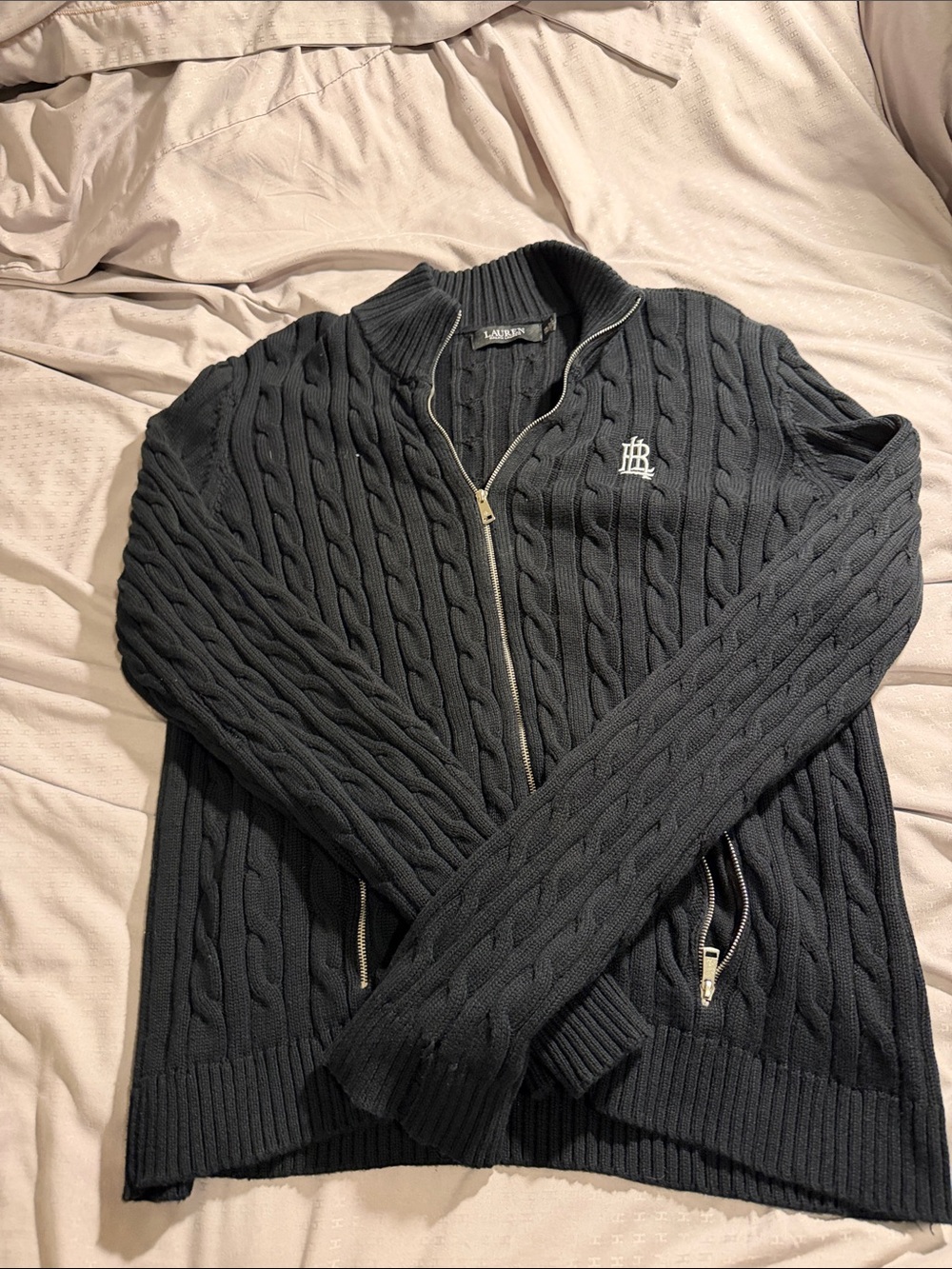 Ralph Lauren Black Cable-Knit Zip-Up Cardigan with Logo